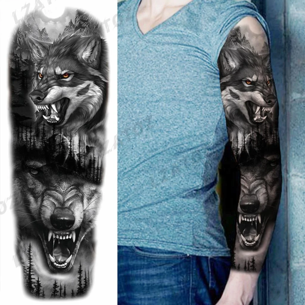 Sdrawing Sleeve Temporary Tattoos For Men Women Realistic Pirate Ship Wolf Tiger Skull Rose Flower Fake Tattoo Sticker Arm Tatoos