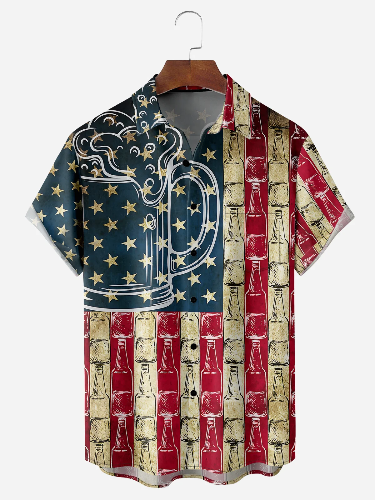 Patriotic Beer Bottle USA flag Chest Pocket Short Sleeve Casual Shirt PLUSCLOTHESMAN