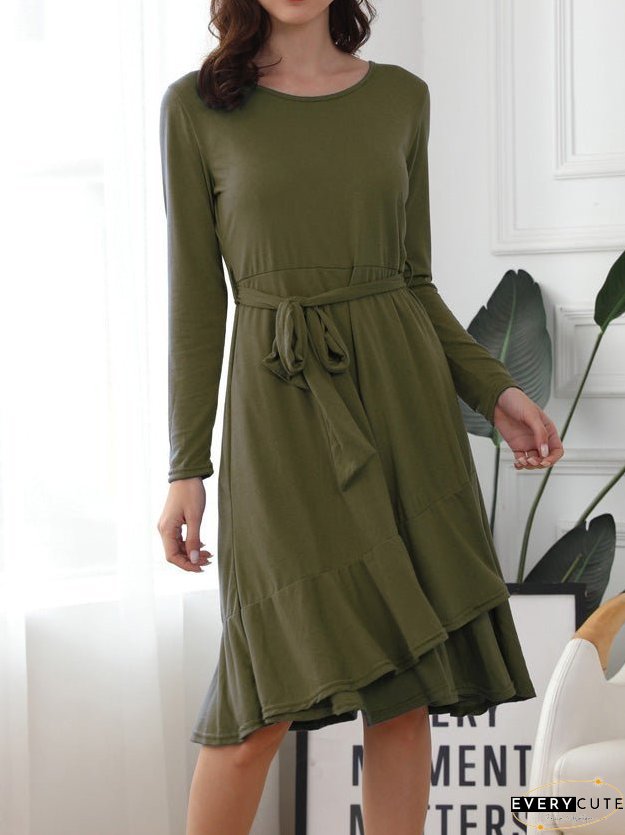 Dresses Solid Tie Crew Neck Long Sleeve Ruffle Dress for Women