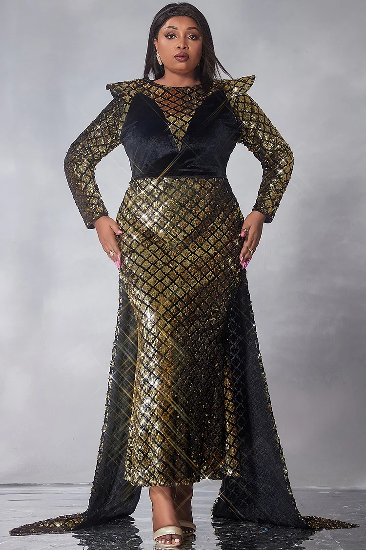 Xpluswear Design Plus Size Formal Maxi Dresses Elegant Gold Fall Winter Crew Neck Sequin Maxi Dresses [Pre-Order]