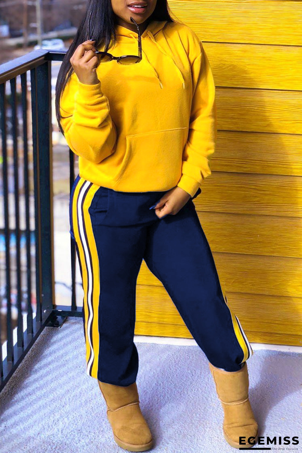 Yellow Casual Striped Solid Patchwork Hooded Collar Long Sleeve Two Pieces | EGEMISS