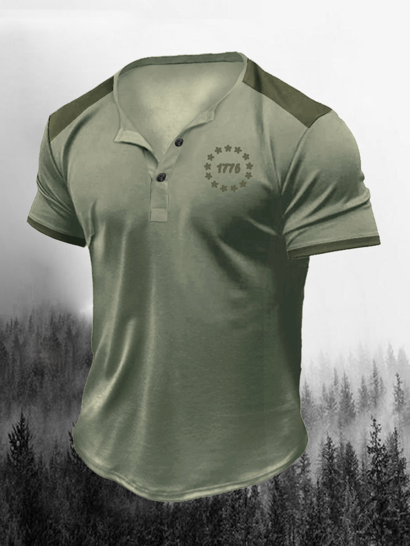 Men's Retro Color Matching 1776 Henry Collar Short-Sleeved Shirt