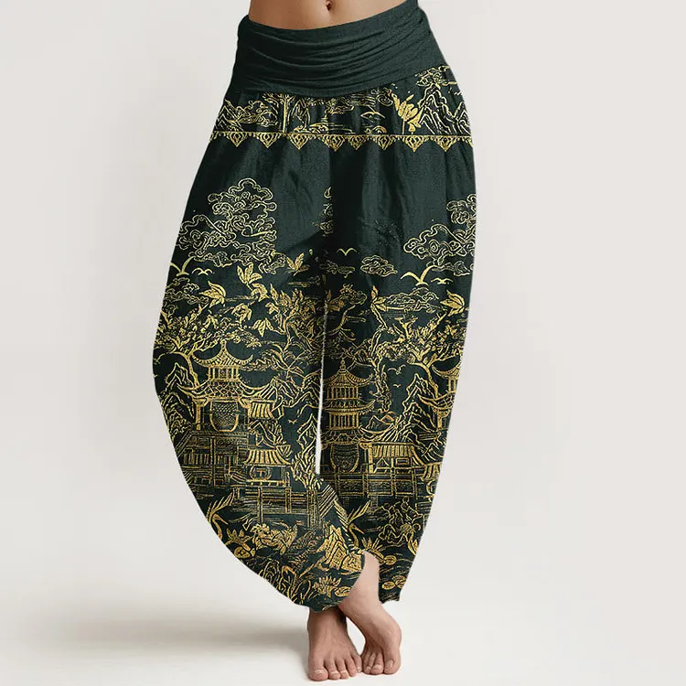 Cotton Classical Architecture Landscape Animal Auspicious Clouds Pattern Women's Elastic Waist Harem Pants