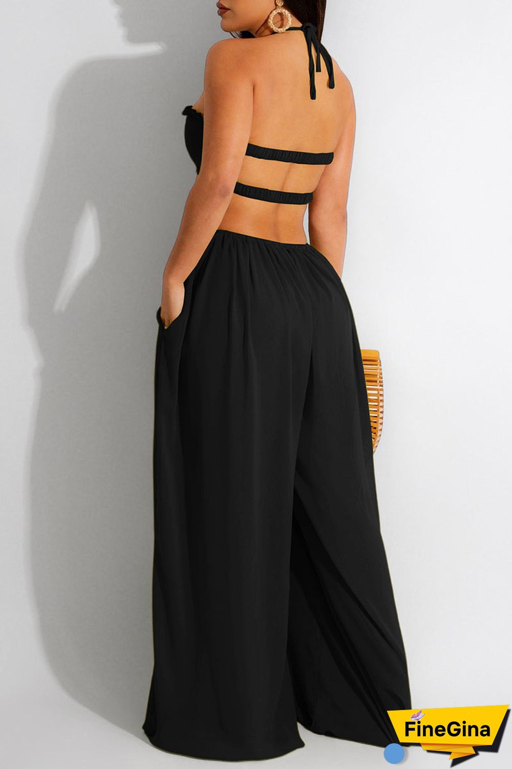 Orange Sexy Solid Patchwork Backless Halter Straight Jumpsuits