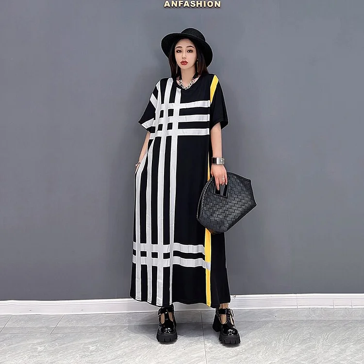 Casual Loose Contrast Color Striped Short Sleeve Dress 