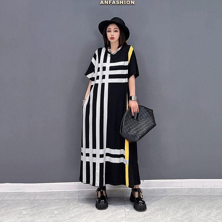 Casual Loose Contrast Color Striped Short Sleeve Dress 