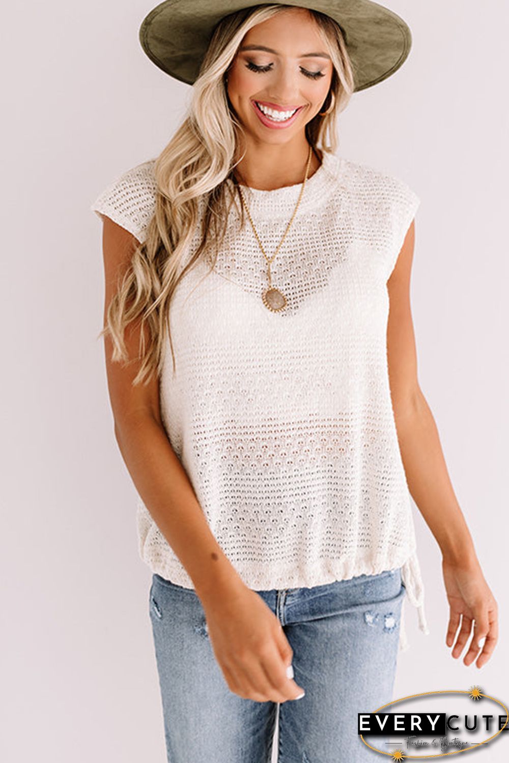 White Side Drawstring Knitted Tank Top