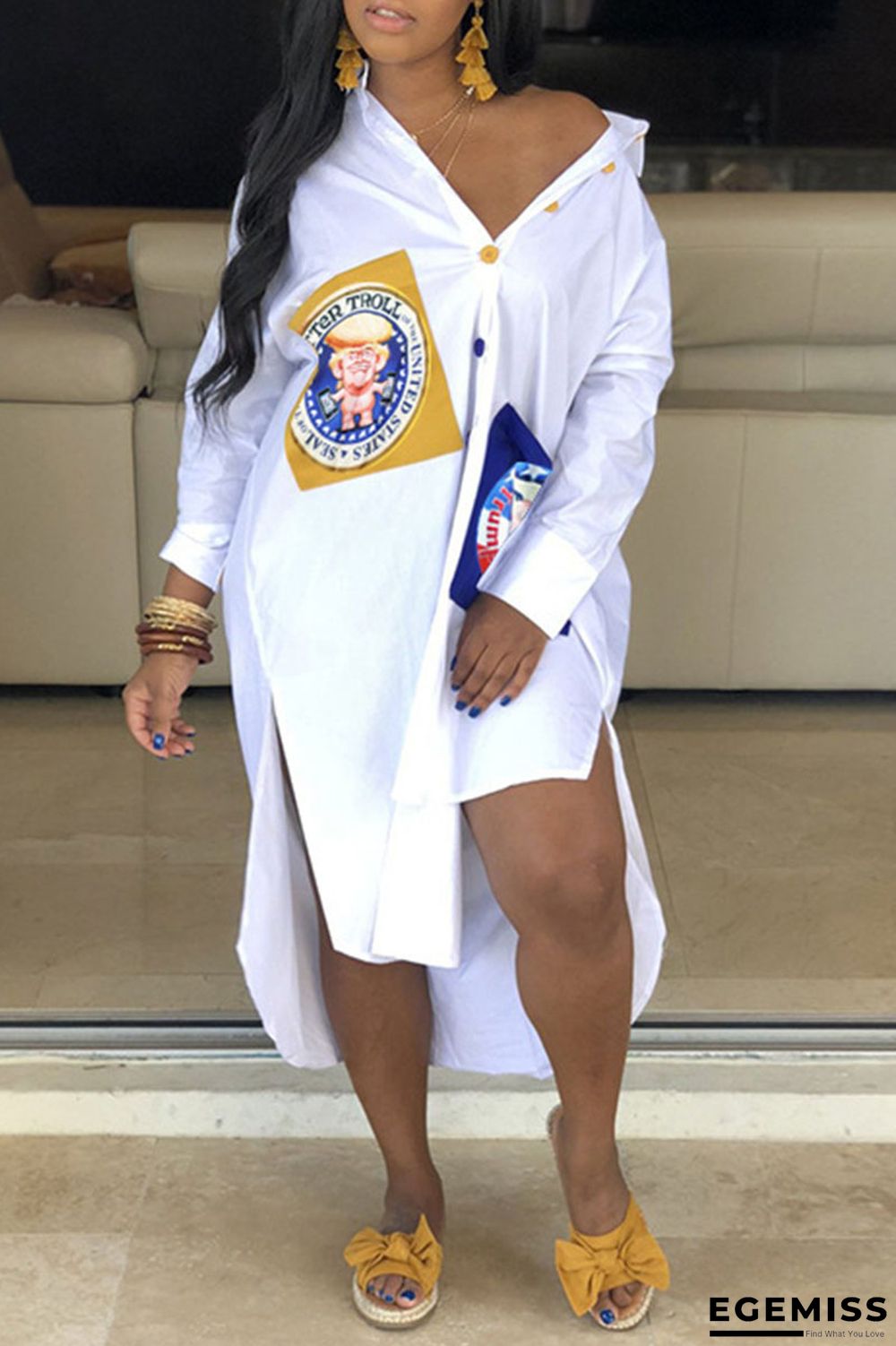 White Casual Street Print Patchwork Buckle Asymmetrical Turndown Collar Shirt Dress Dresses | EGEMISS