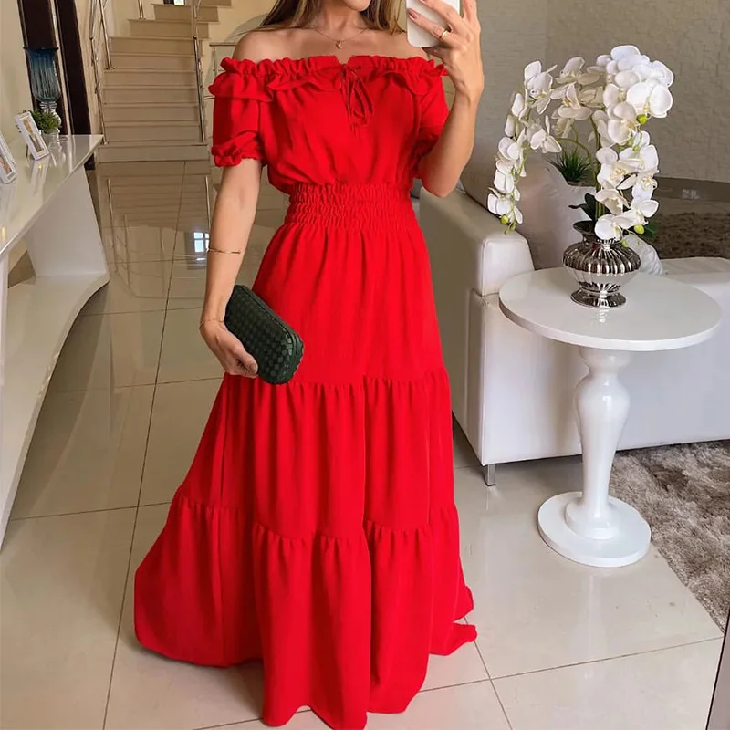 Toloer Toloer Spot 2024 Spring New Women's Fashion One-Line Shoulder Short Sleeve Large Place Long Dress-Outfit Ideas