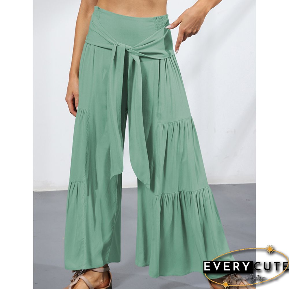 Green Smocked High Waist Palazzo Pants with Tie