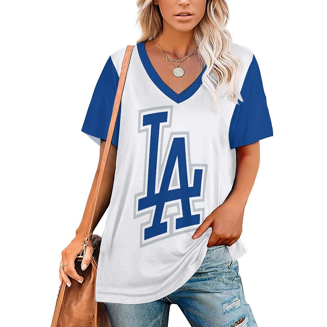 V-neck Short Sleeve Casual T-shirt for  Women Printed with Pattern , Blue, Red,