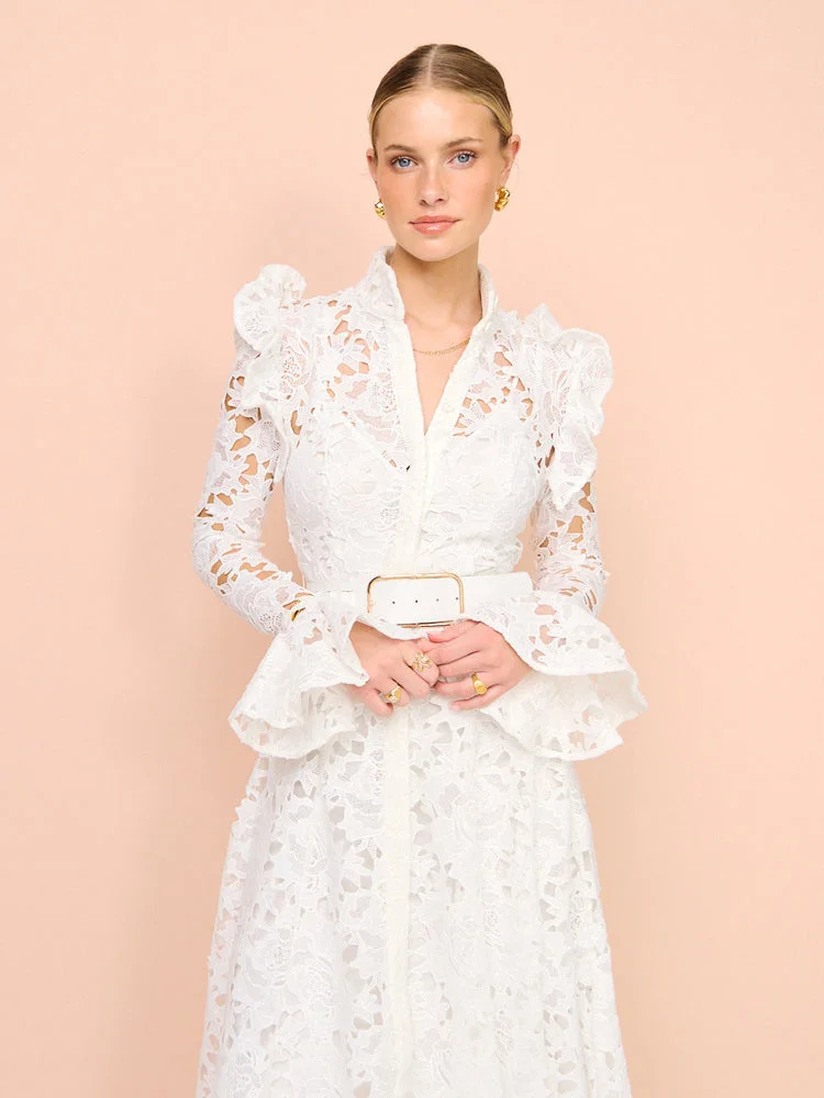 Aliyah Lace Butterfly Sleeve Midi Dress In Snow