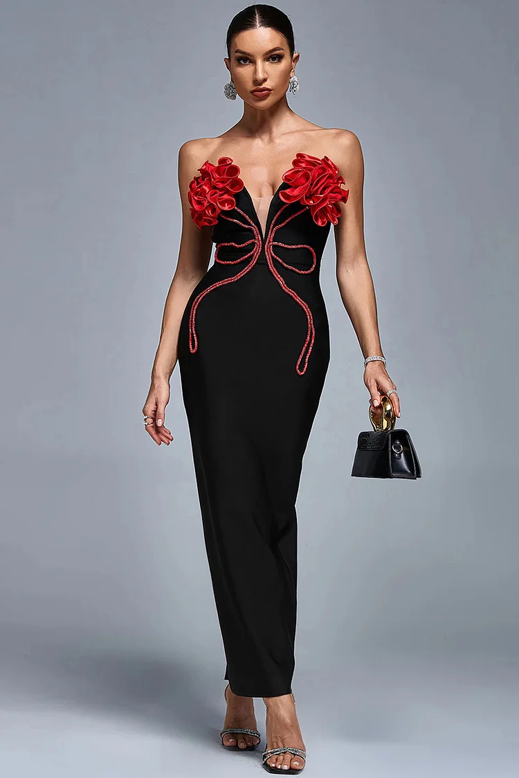 3D Floral Strapless Rhinestone Maxi Dress-Black