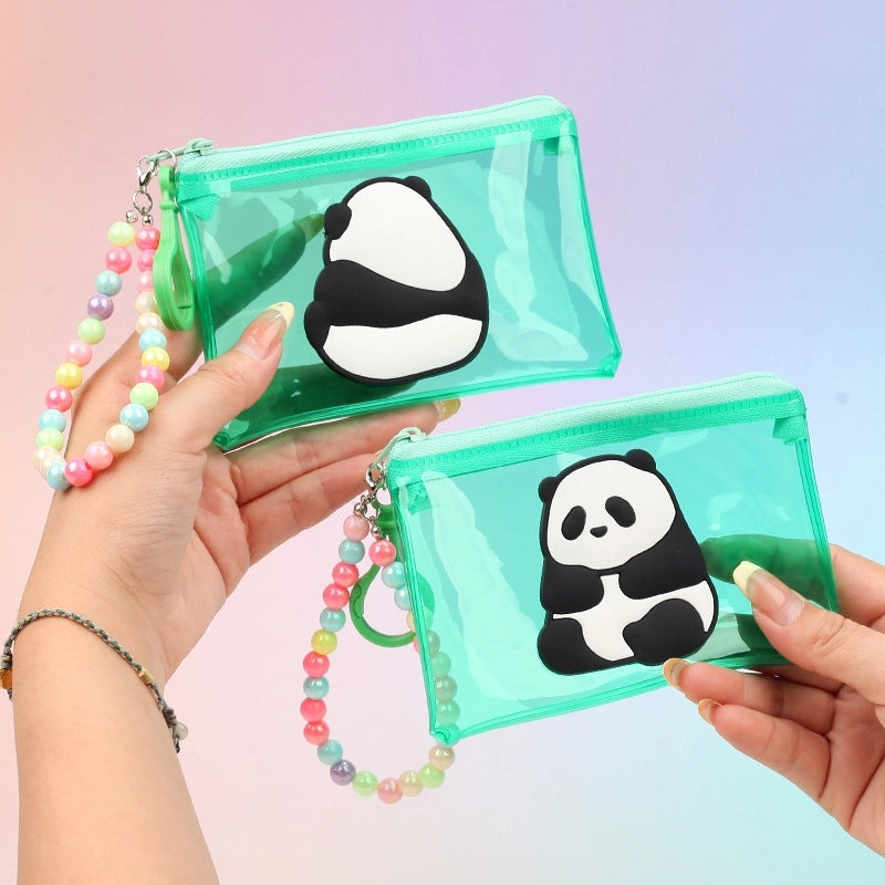 Cute Cartoon Panda Transparent Square Coin Purse Bead Chain Card Bag Mini Storage Bag Portable Waterproof Certificate Card Case