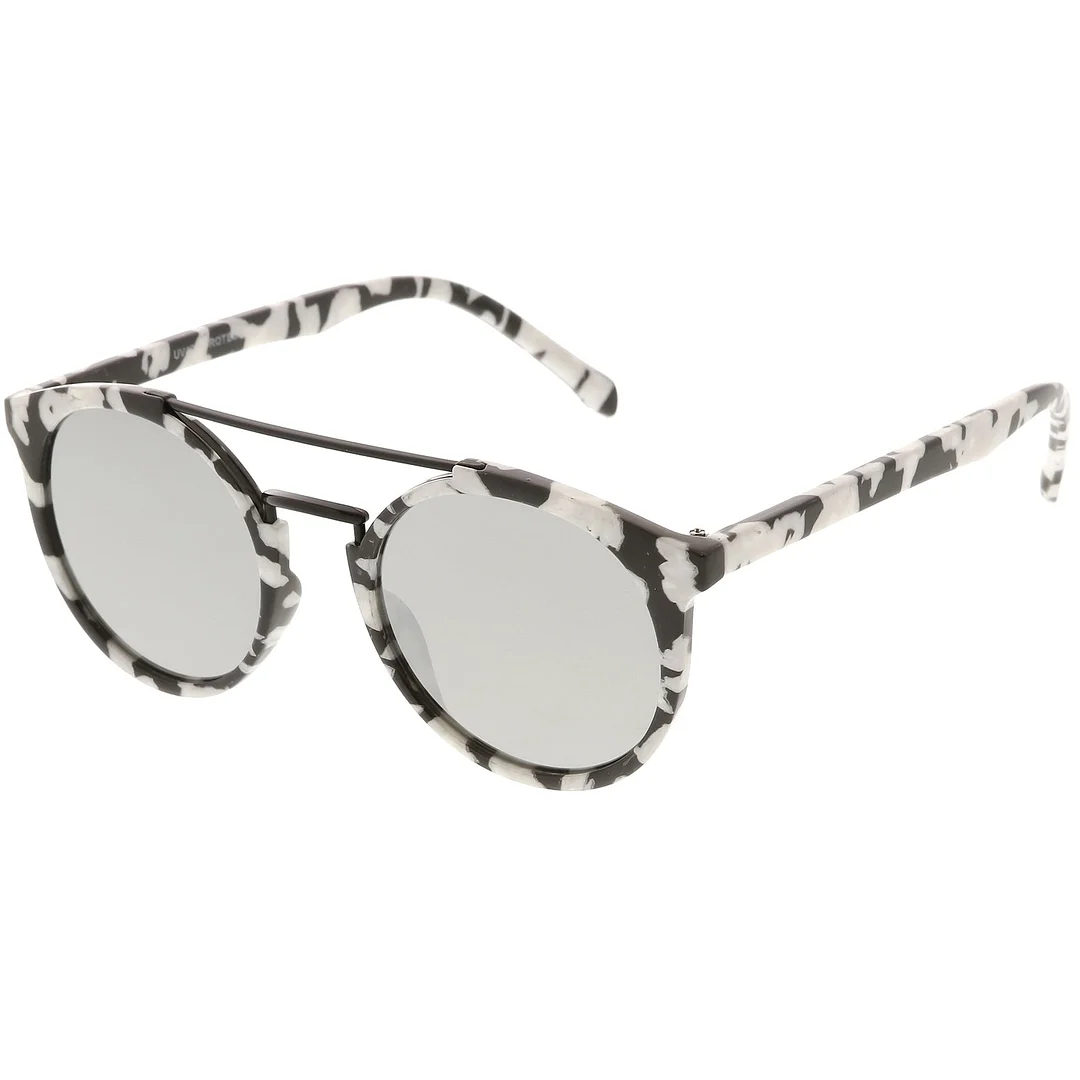 Modern Horn Rimmed glasses Marble Print Double Crossbar Round Flat Lens 50mm