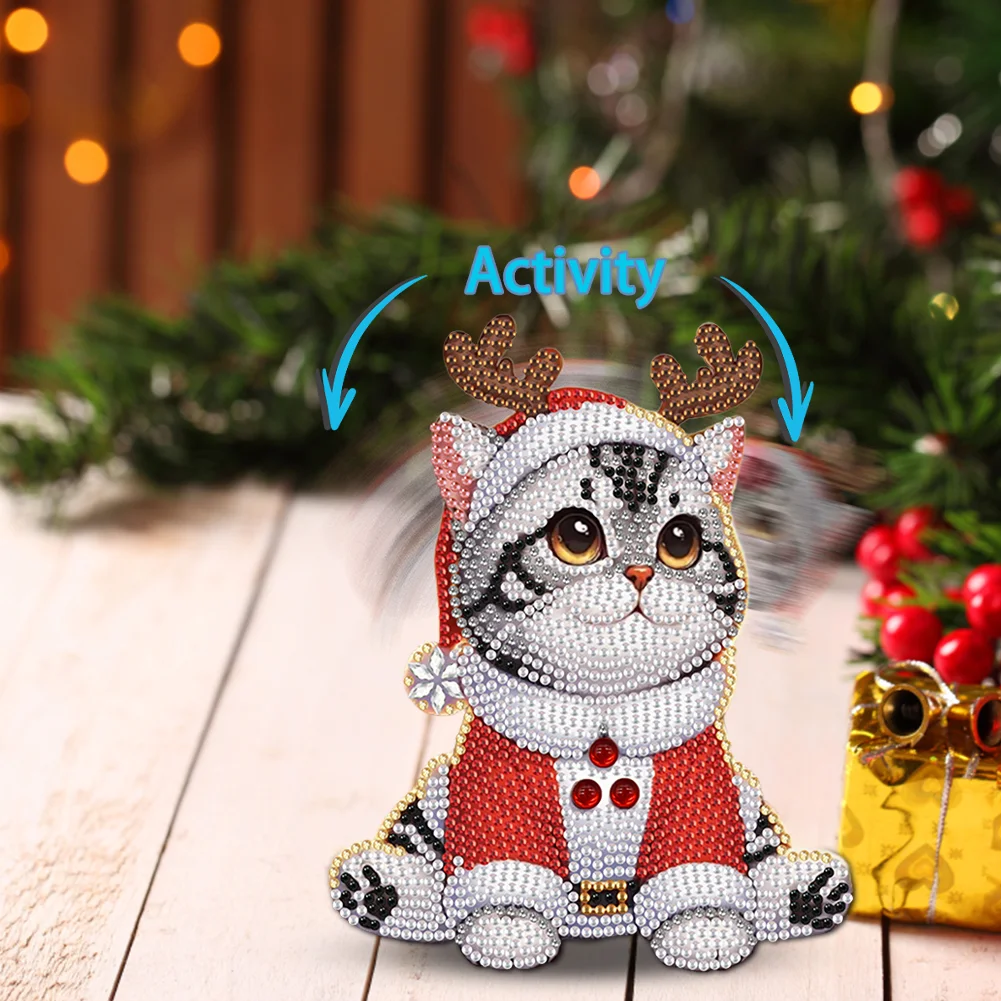 Xmas Acrylic Shaking Head 5D DIY Diamond Art Tabletop Decoration (Christmas Cat)