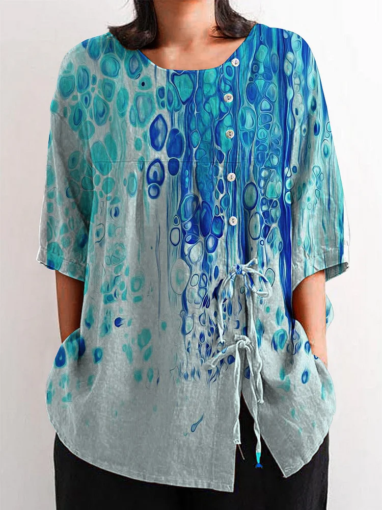 Women's Round Neck Vintage Wave Scale Pattern Casual Cotton Linen Shirt