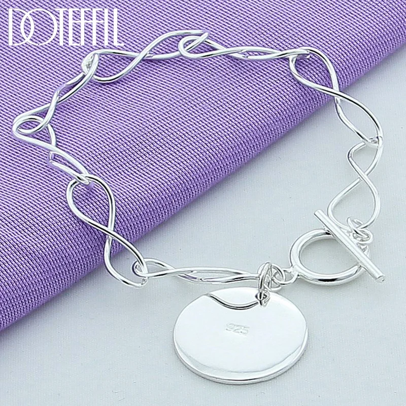 DOTEFFIL 925 Sterling Silver Round Brand Pendant Bracelet Chain For Woman Jewelry