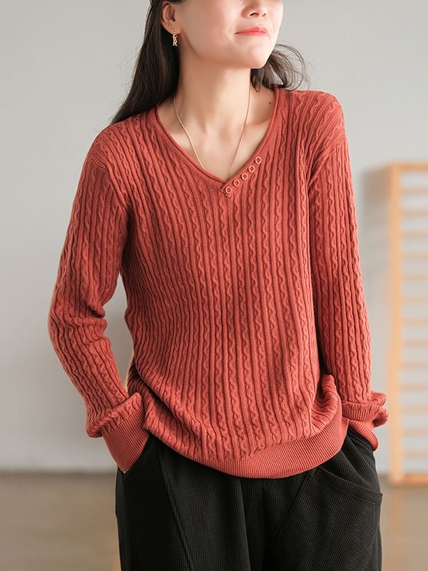 Vintage Solid Color V-Neck Sweater