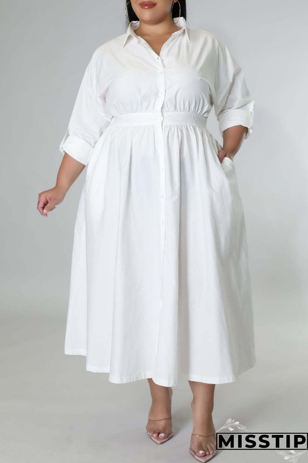 Blue Casual Solid Patchwork Turndown Collar Shirt Dress Plus Size Dresses