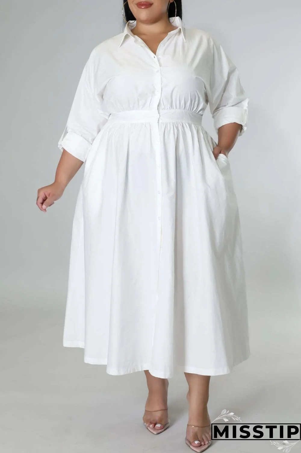 Blue Casual Solid Patchwork Turndown Collar Shirt Dress Plus Size Dresses