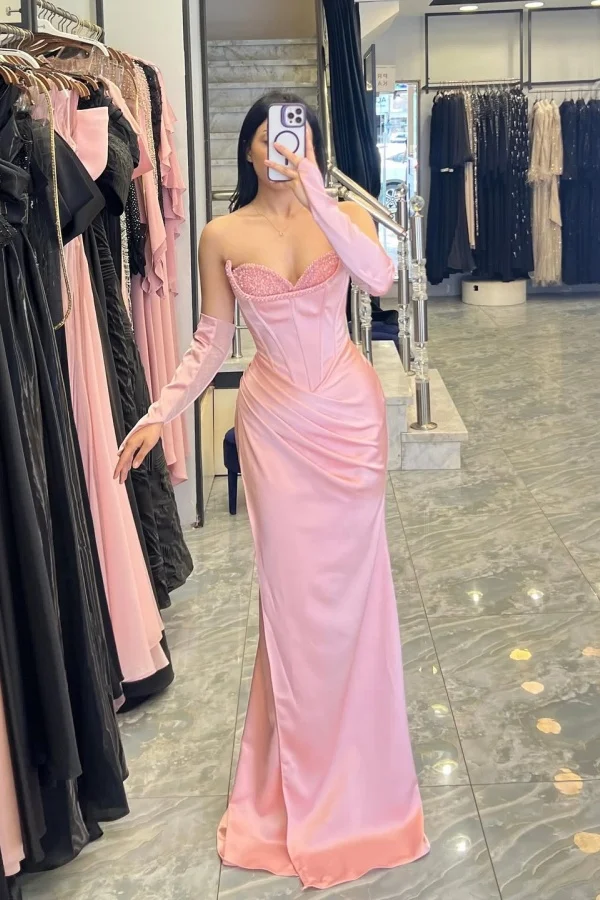 Miabel Elegant Pink Satin Sweetheart Sleeveless Beaded Prom Dress with Gloves   