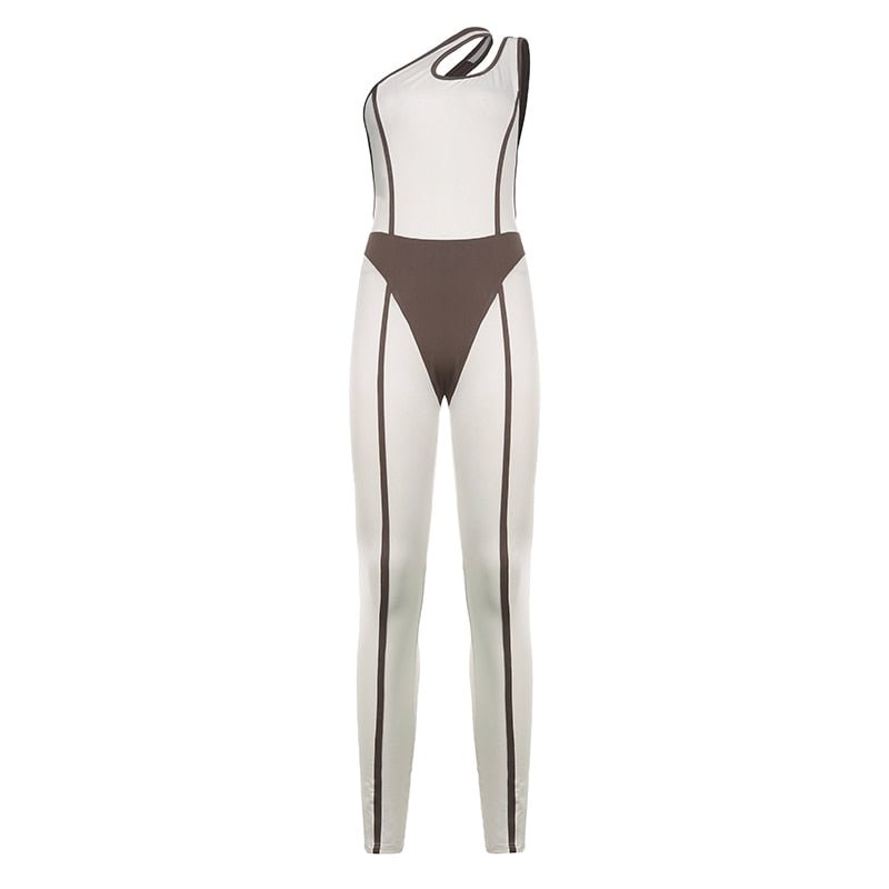 BIIKPIIK Cycling Fitness Jumpsuits Women Yoga Tracksuit One Shoulder Sleeveless Patchwork Sporty Stretch Overall Bodycon Rompers