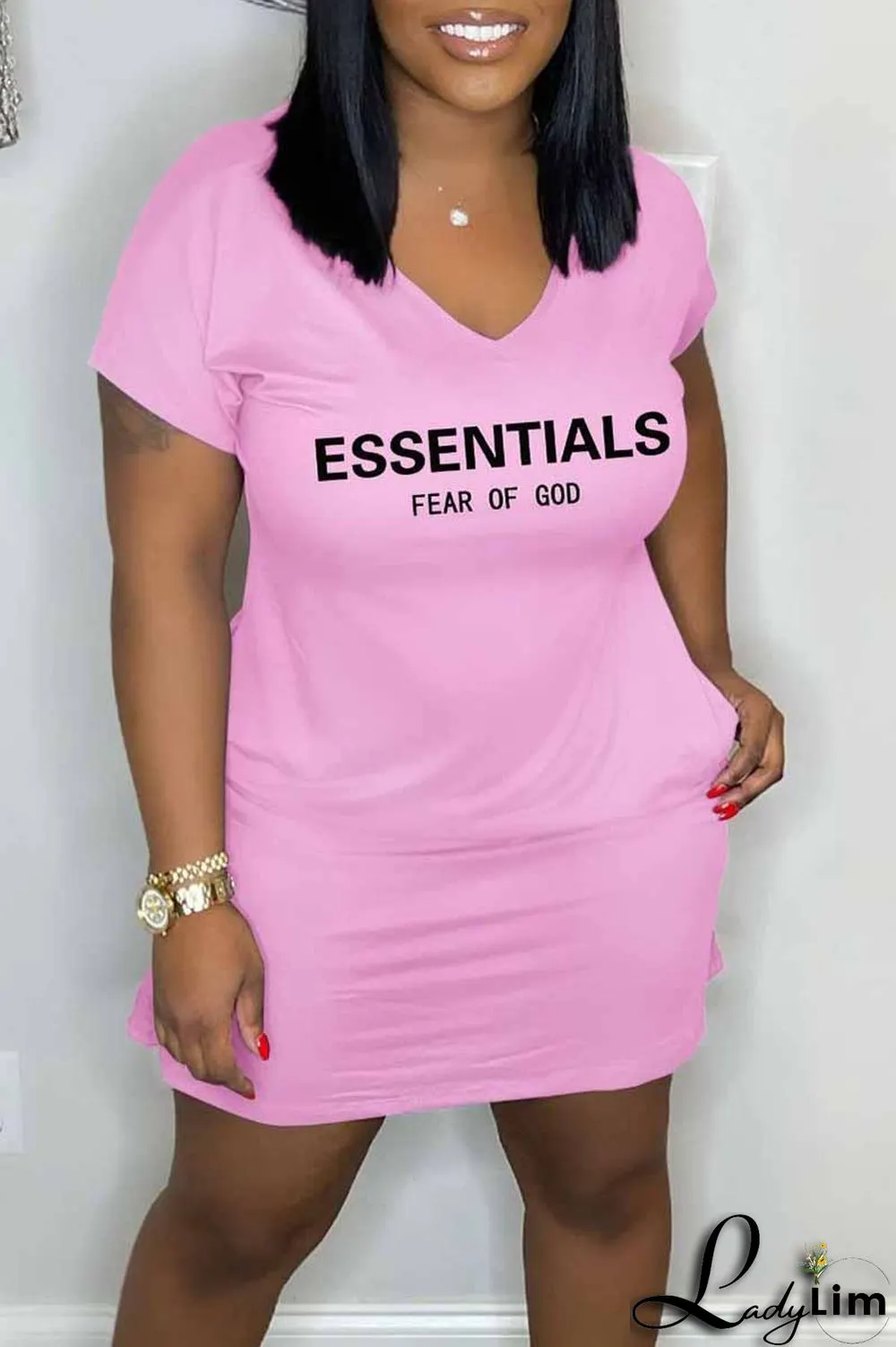 Burgundy Casual Print Letter V Neck A Line Dresses