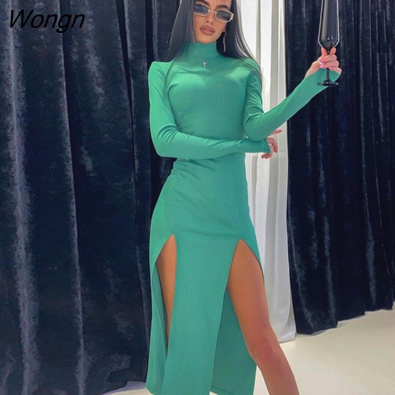 Wongn Solid Ribbed Midi Dress Bodycon Sexy Streetwear Women Long Sleeve Double Side Slit High Neck Vestidos Party Dress