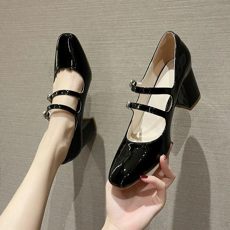 Qengg Jane Single Shoes Female Spring Autumn 2021 New Style Buckle Belt Retro Small Leather Shoes Single Shoes Solid Color Shoes