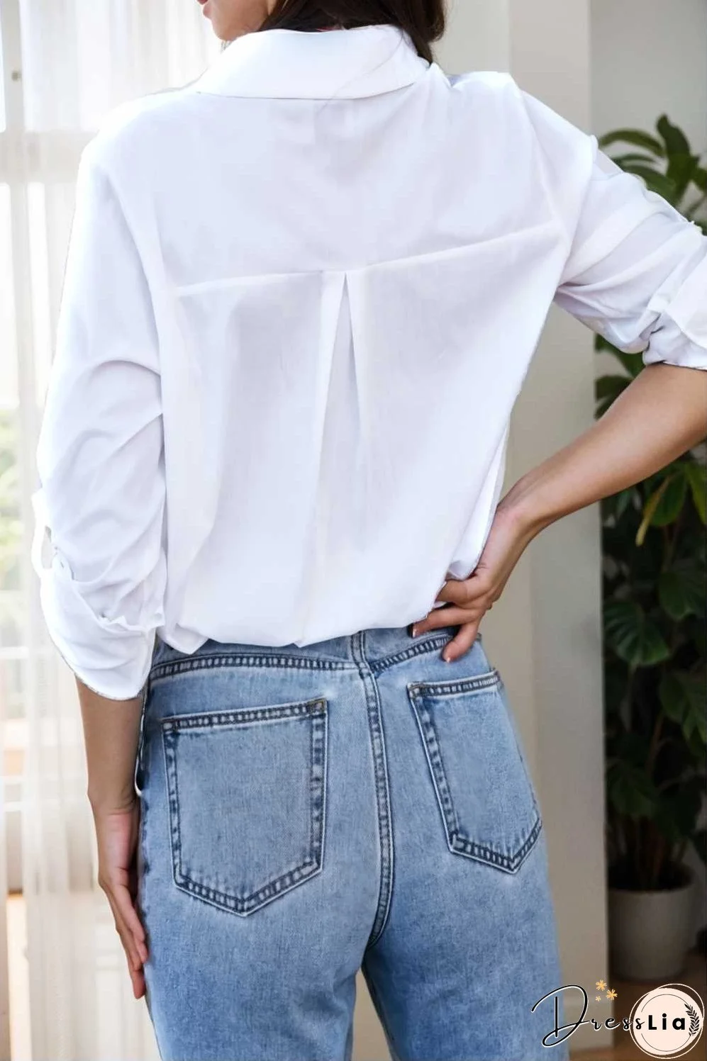 simple long sleeve v neck button blouses