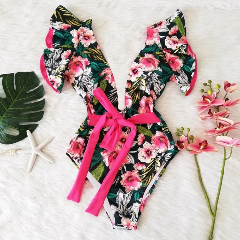2022 New Sexy Ruffle Print Floral One Piece Swimsuit Off The Shoulder Swimwear Women Solid Deep-V Beachwear Bathing Suit Monkini