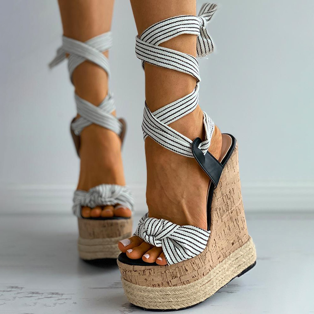 White Striped Strappy Gladiator Sandals With Platform Wedge Heels Nicepairs