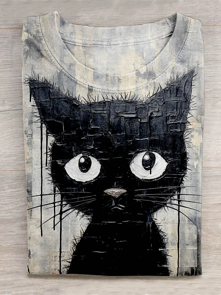 Funny Retro Black Cat Art Print Design T-shirt