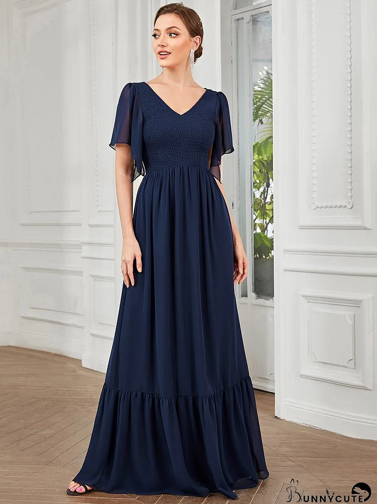 Simple V Neck Short Ruffles Sleeves A Line Wholesale Evening Dresses