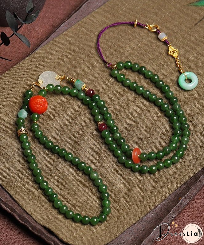 Vintage Green Sterling Silver Overgild Agate Jade Ping Buckle Pendant Necklace