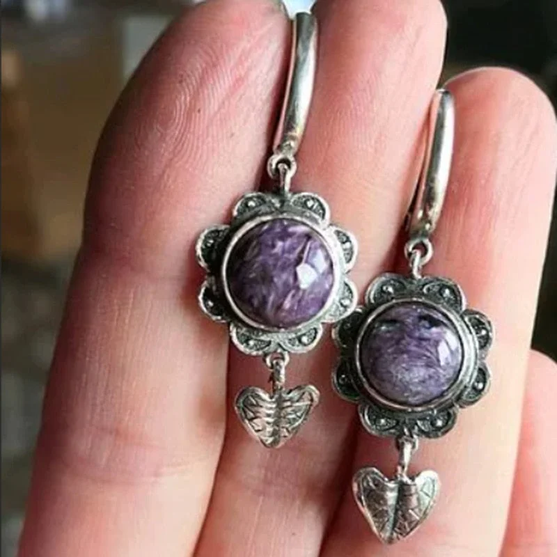 Round purple stone ethnic style earrings classic plant love-shaped sunflower pendant European and American fashion retro