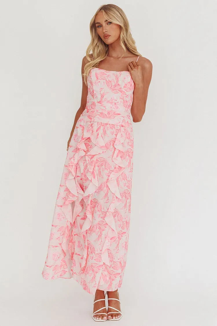 Serif Ruffle Trim Split Maxi Dress Pink