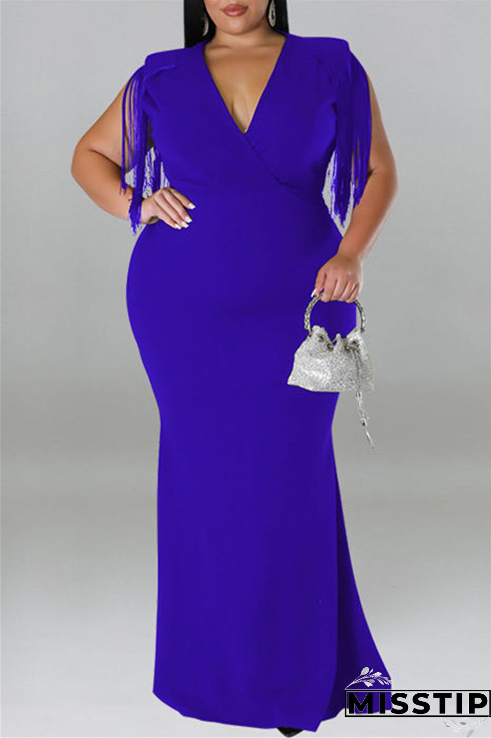 Blue Casual Plus Size Solid Tassel Patchwork V Neck Long Dress