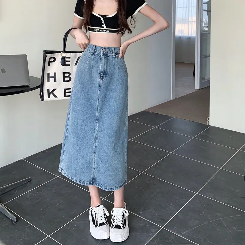 Wrap Split Denim Midi Skirt with Label