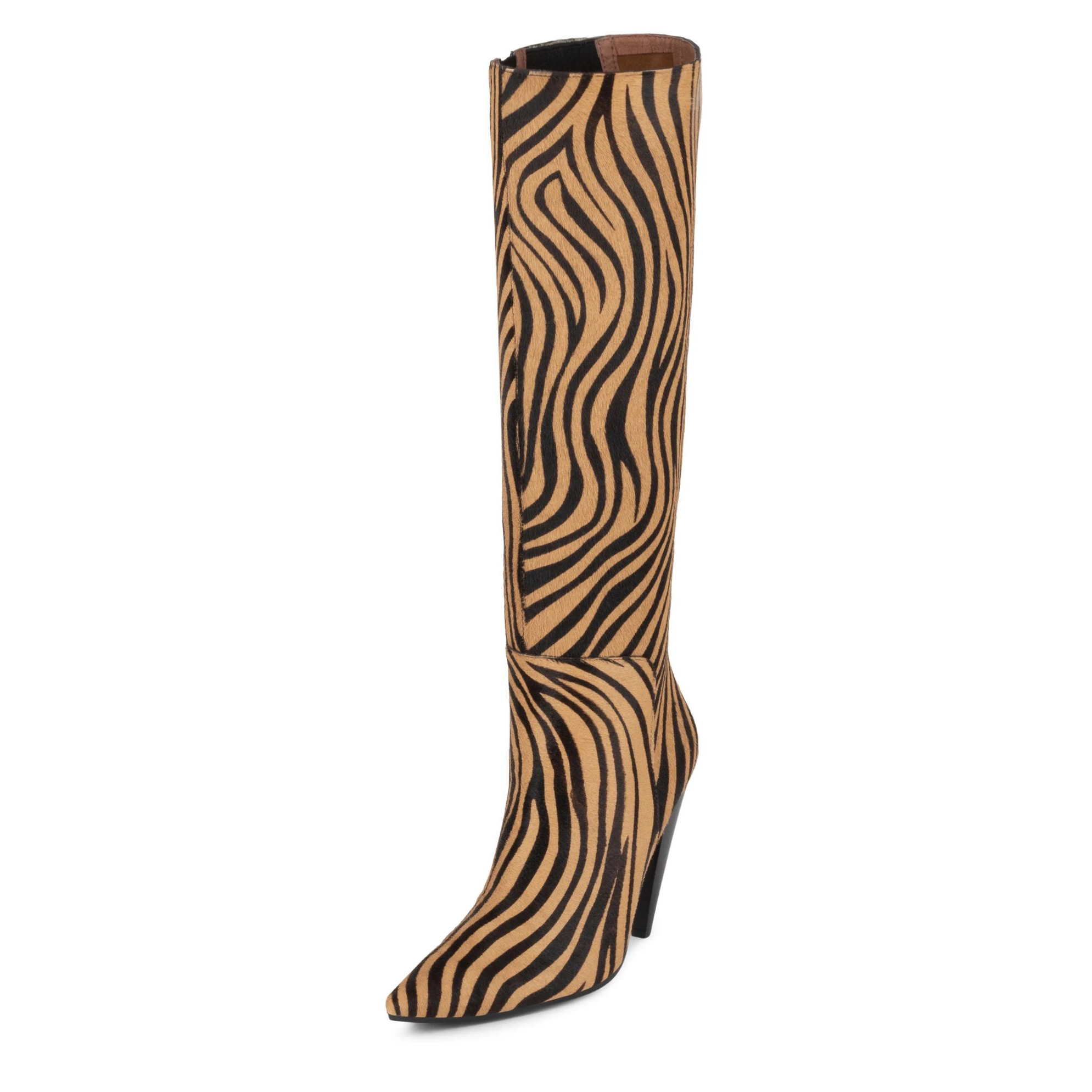 Tan & Black Zebra Printed Pointed Toe Cone Heel Knee High Boots Nicepairs