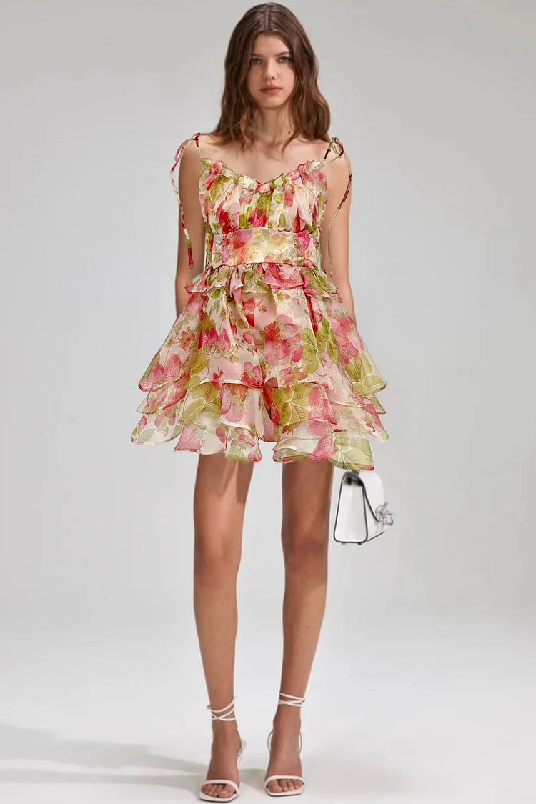 Party Multicolor Organza Butterfly Print Sleeveless Lace-Up Ruffle Mini Dress