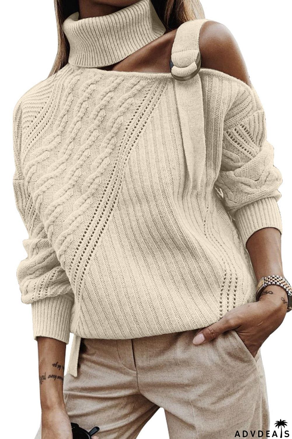 Strapped Cut out Shoulder Turtleneck Sweater