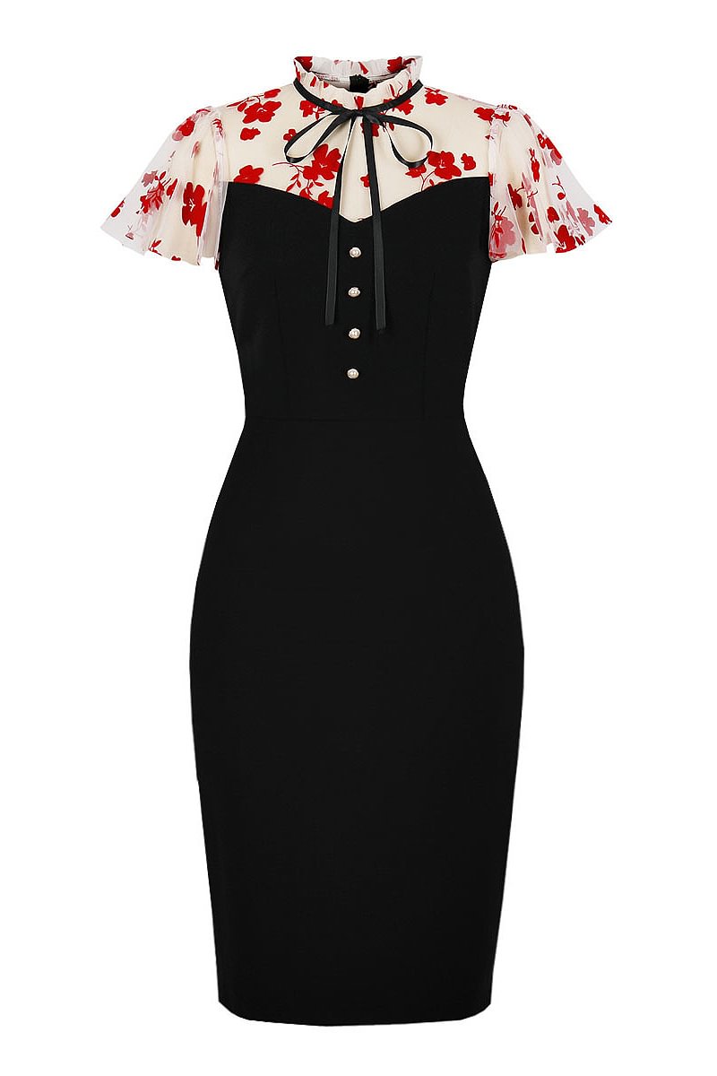1950s Black Temperament Plant Flower Print Patchwork Bodycon Midi Dress