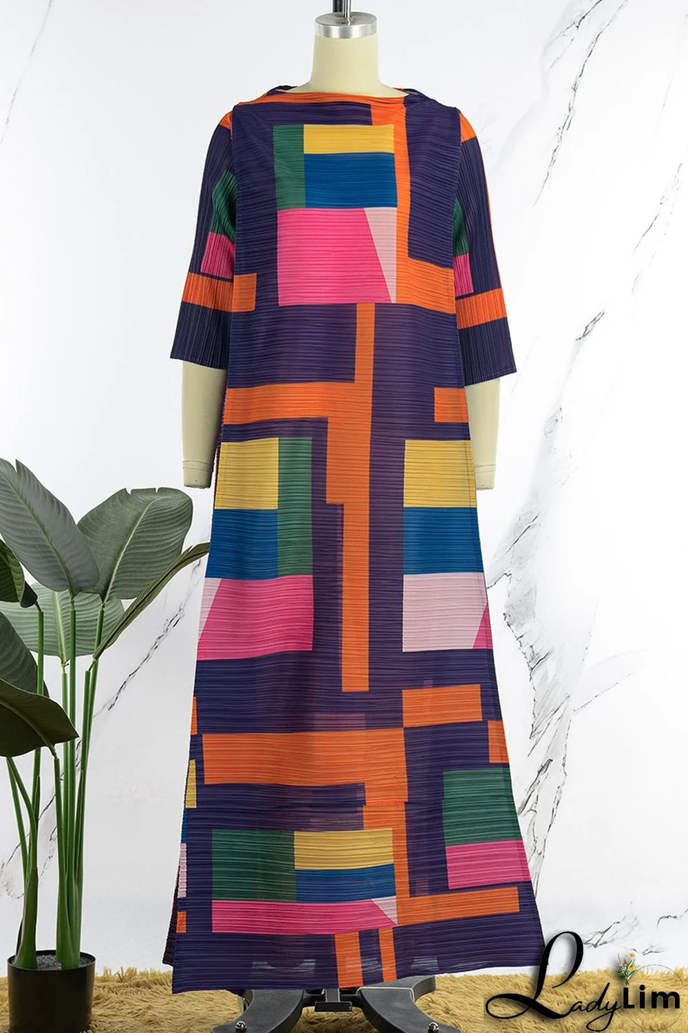 Light Coffee Street Geometric Print Patchwork O Neck Long Dress Dresses