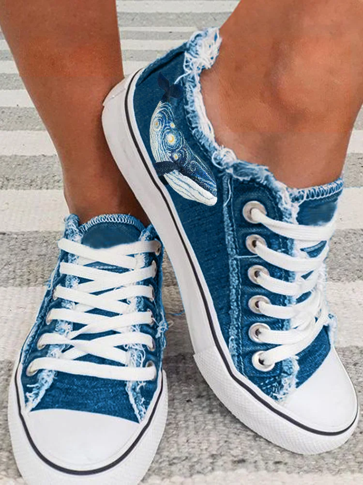 Comstylish Starry Night Inspired Whale Embroidered Canvas Shoes