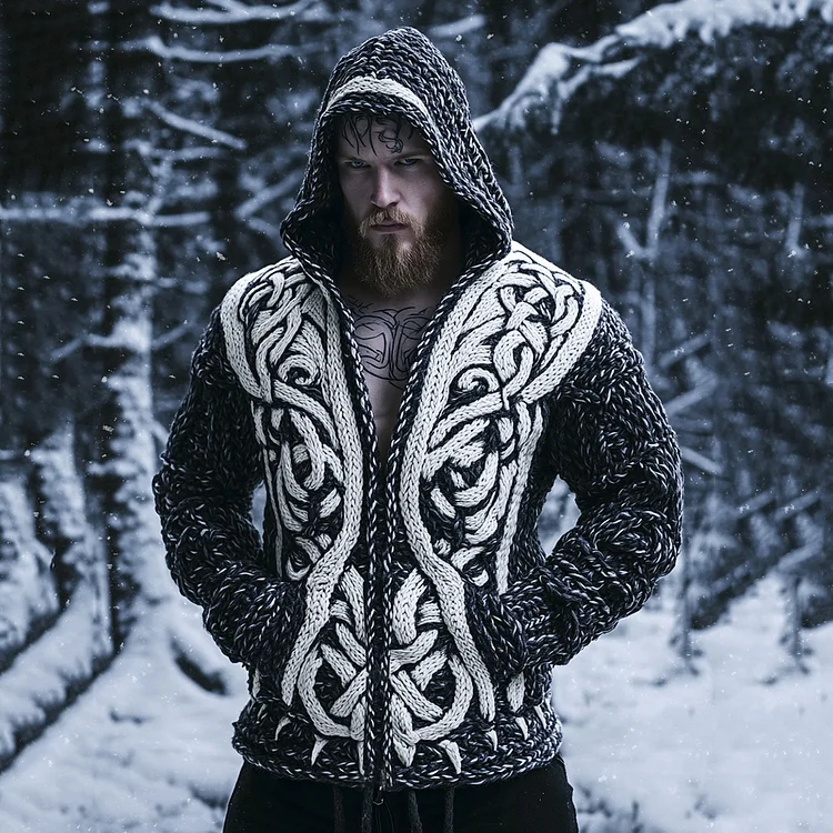 Men's Viking Style Knitted Warm Hooded Cardigan Sweater