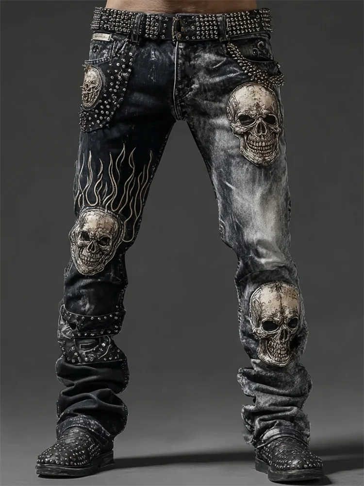 Men's Skulls Contrast Bleached Rock Studded Washed Jeans