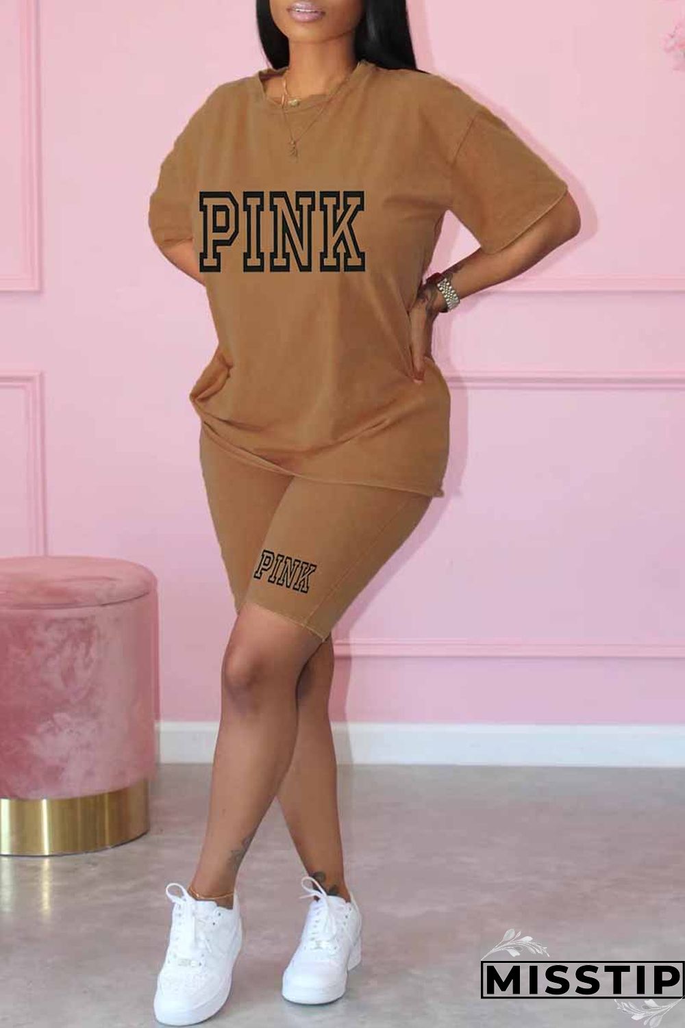 Khaki Casual Print Letter O Neck Short Sleeve Two Pieces