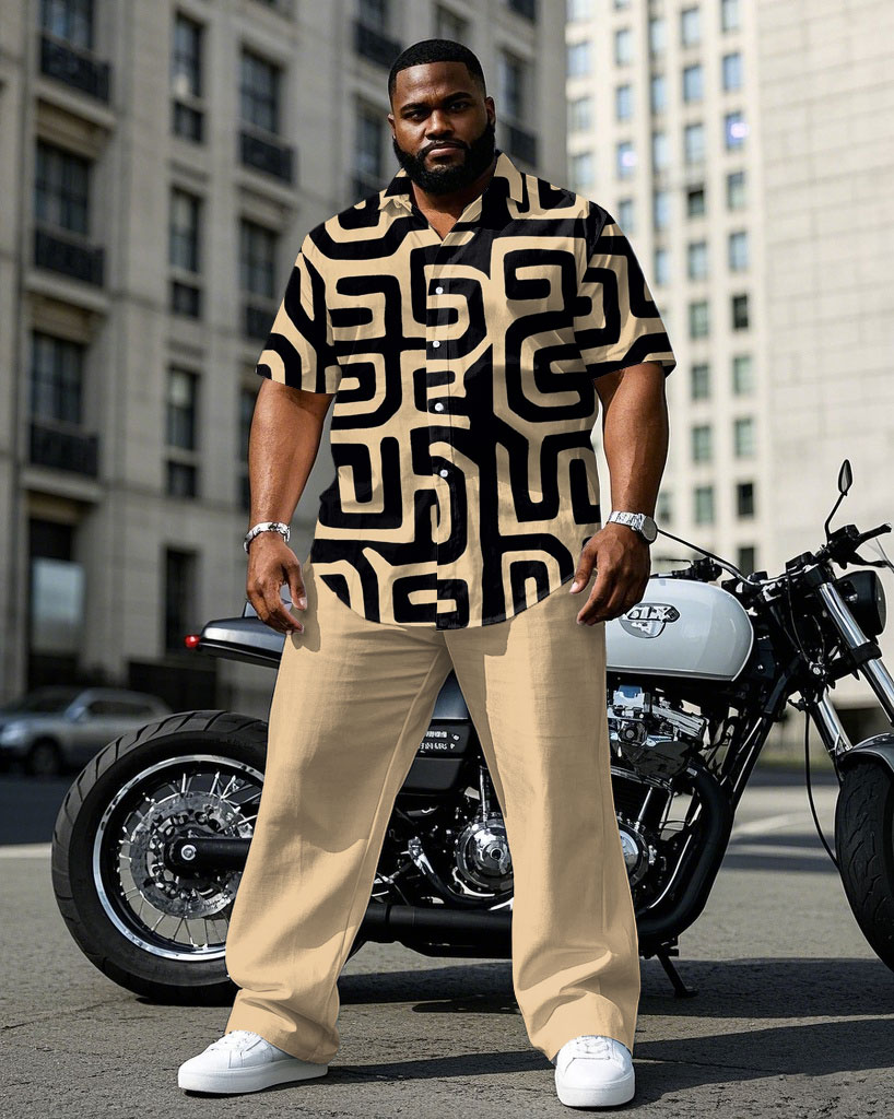 Men's Plus Size Business Khaki Geometric Square Continuous Pattern Daily Casual Short Sleeve Shirt Trousers Suit